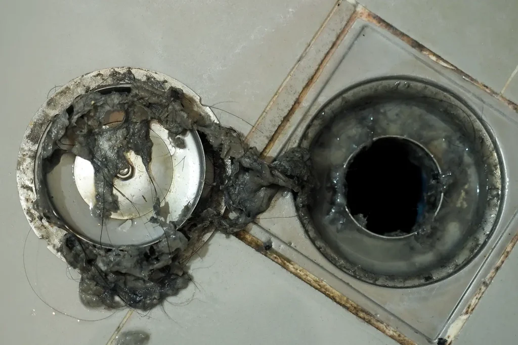 Shower drain blocked with hair and dirt - High Tide Plumbing & Gas