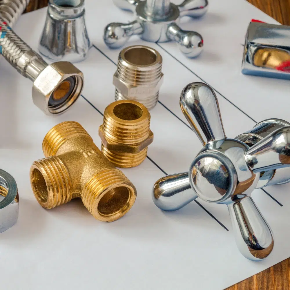 Various taps, pipes and connecting pieces are part of a plumbers tap repair toolkit.