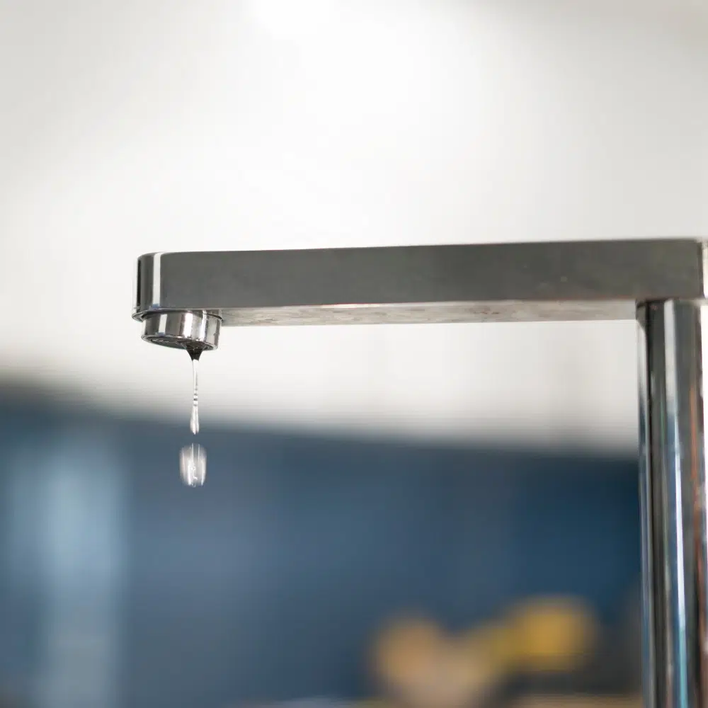 A modern silver kitchen tap leaking. For immediate bookings call High Tide Plumbing & Gas