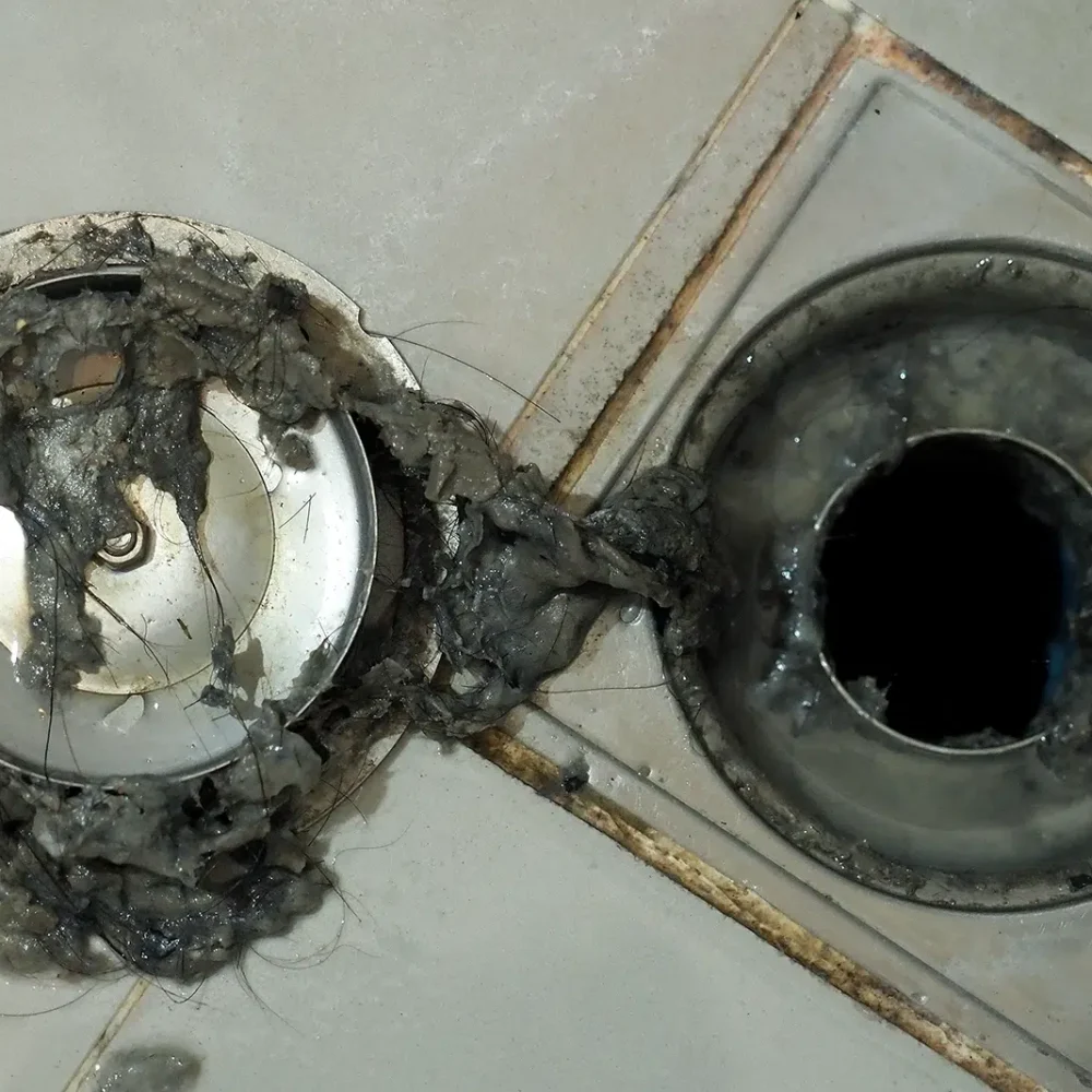 Shower drain blocked with hair and dirt - High Tide Plumbing & Gas