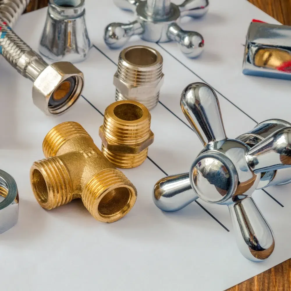 Various taps, pipes and connecting pieces are part of a plumbers tap repair toolkit.