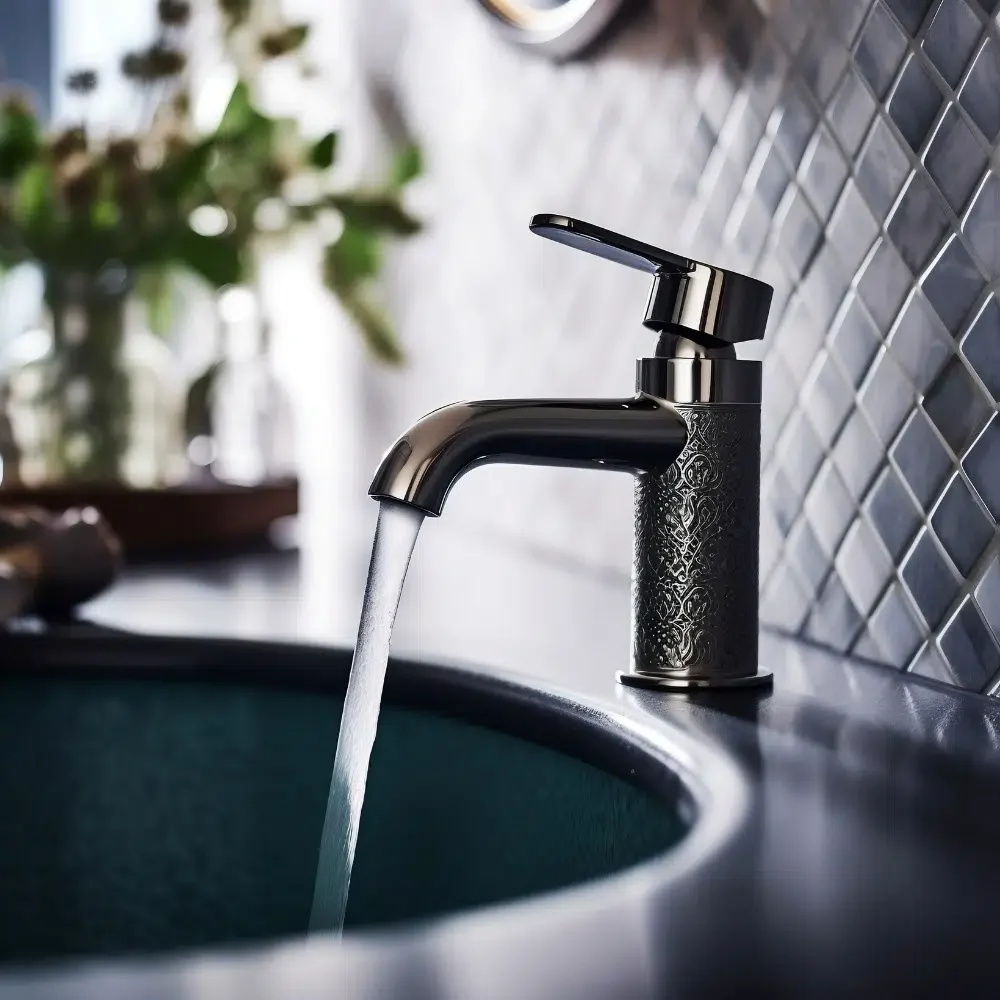 An ornate mixer tap is running into a bathroom sink